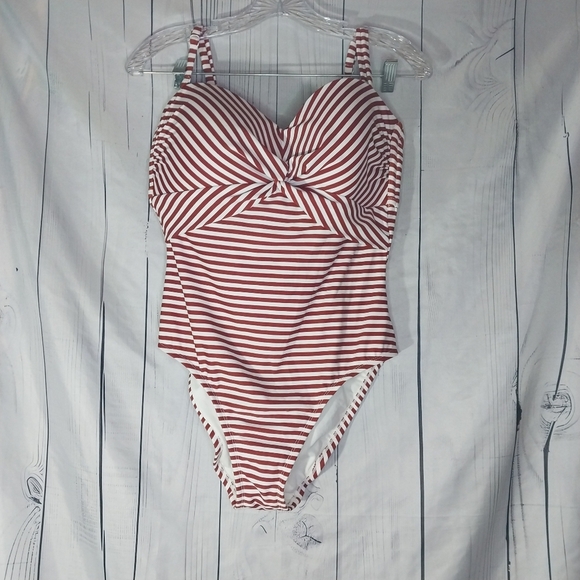 Kona Sol Brown and White Striped One Piece Swimsuit Size L NWT - Picture 1 of 11